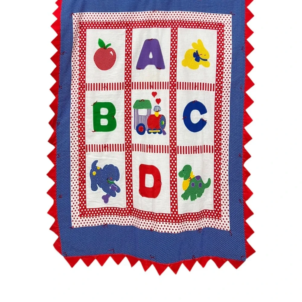 Vintage ABC Baby Quilt Hand Tied Alphabet Print Nursery 40x44 Primary Colors